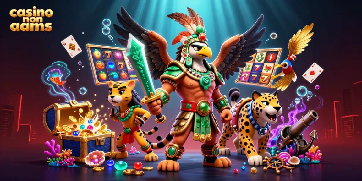 Giocatori entusiasti nei casino non AAMS esplorano slot vibranti in un'illustrazione dinamica.