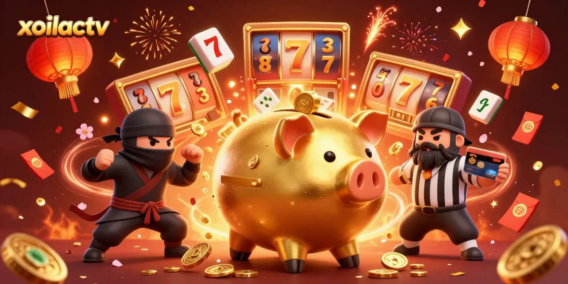 Engage with xoilactv's energetic casino experience featuring cartoon characters and vibrant slot elements.
