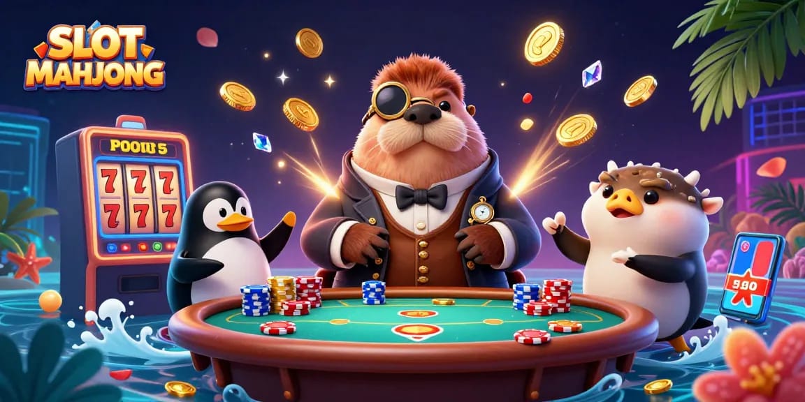 SLOT MAHJONG dynamic scene with a 3D walrus, penguin dealer, and pufferfish engaging at a vibrant casino