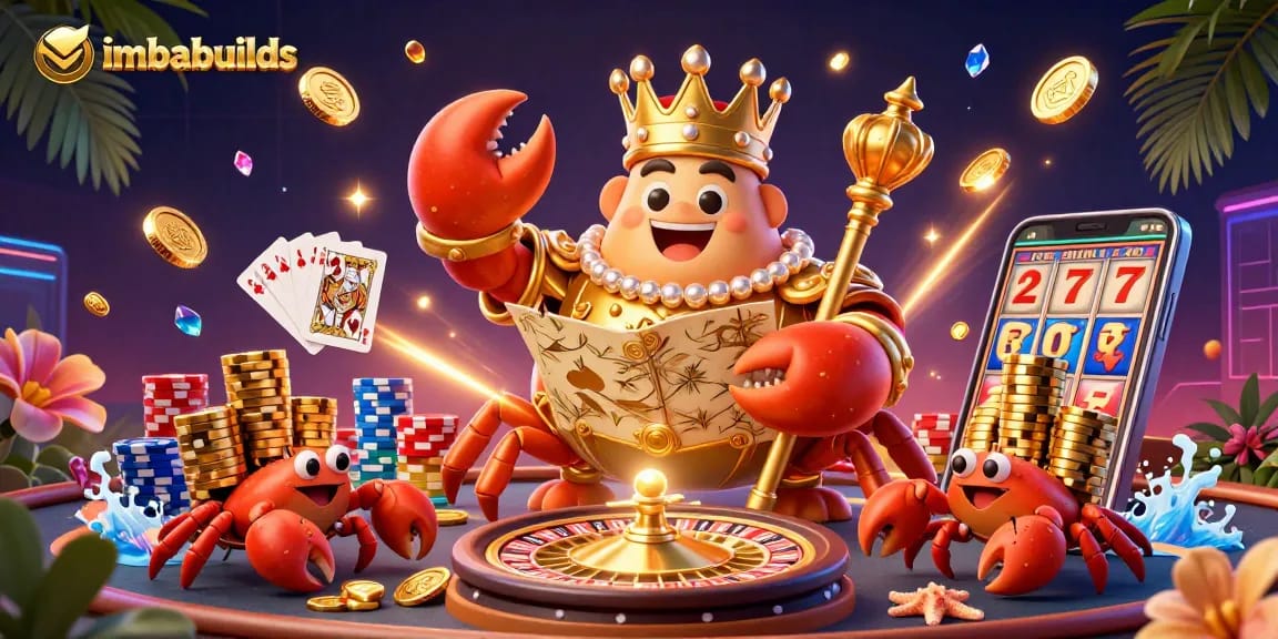 imbabuilds showcases a vibrant scene with a golden crab emperor amidst cascading coins and poker elements