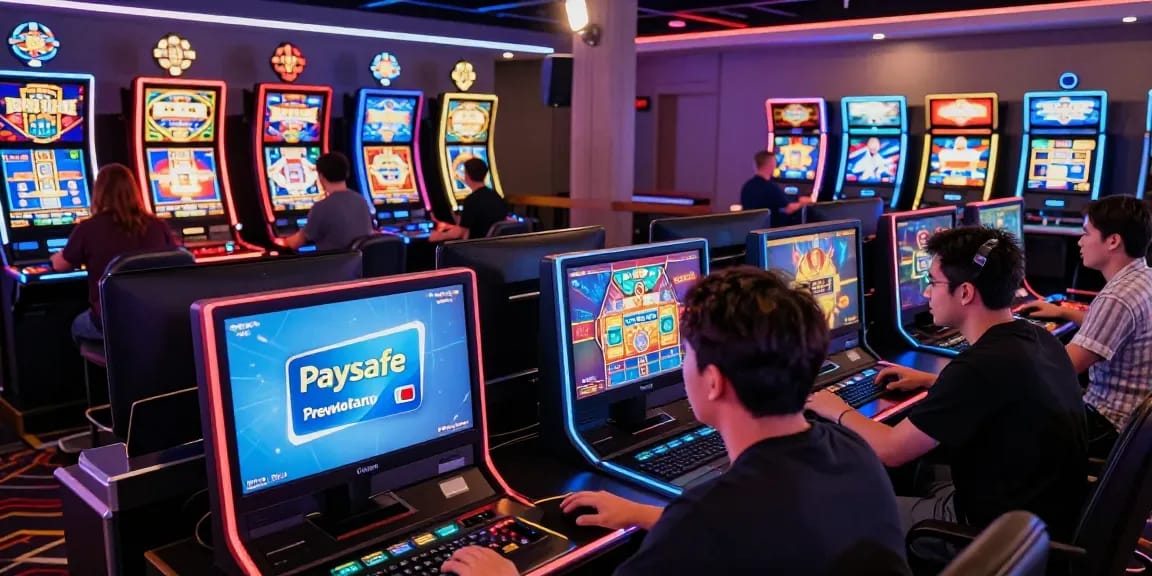 Atmosphäre eines Paysafe Card Casinos mit Spielern, die an lebendigen Online-Spielen teilnehmen.