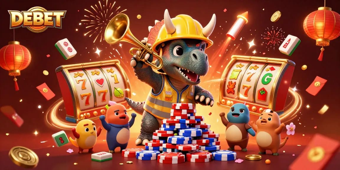 Celebrate your wins with DEBET's exciting gaming experience amidst vibrant casino elements.