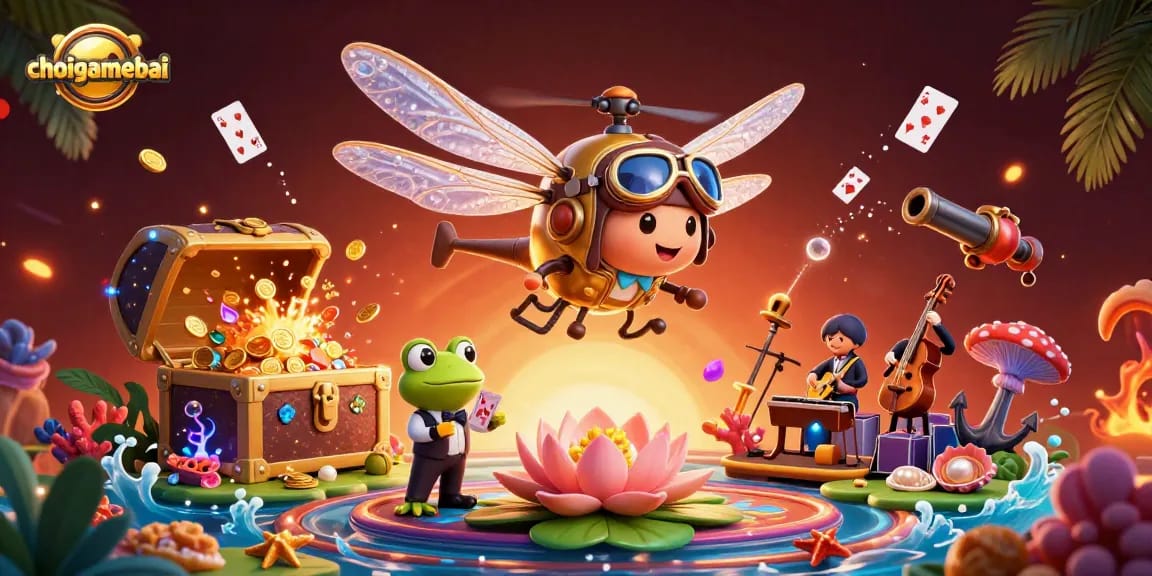 Engage in thrilling card games at choigamebai with a captivating lily pad casino scene featuring a frog croupier.