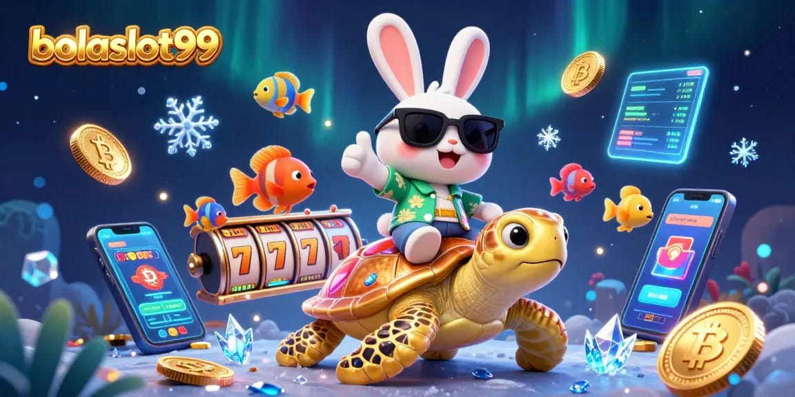 Experience exciting wins at bolaslot99 with our vibrant slot game adventure featuring a lucky rabbit and golden sea turtle.