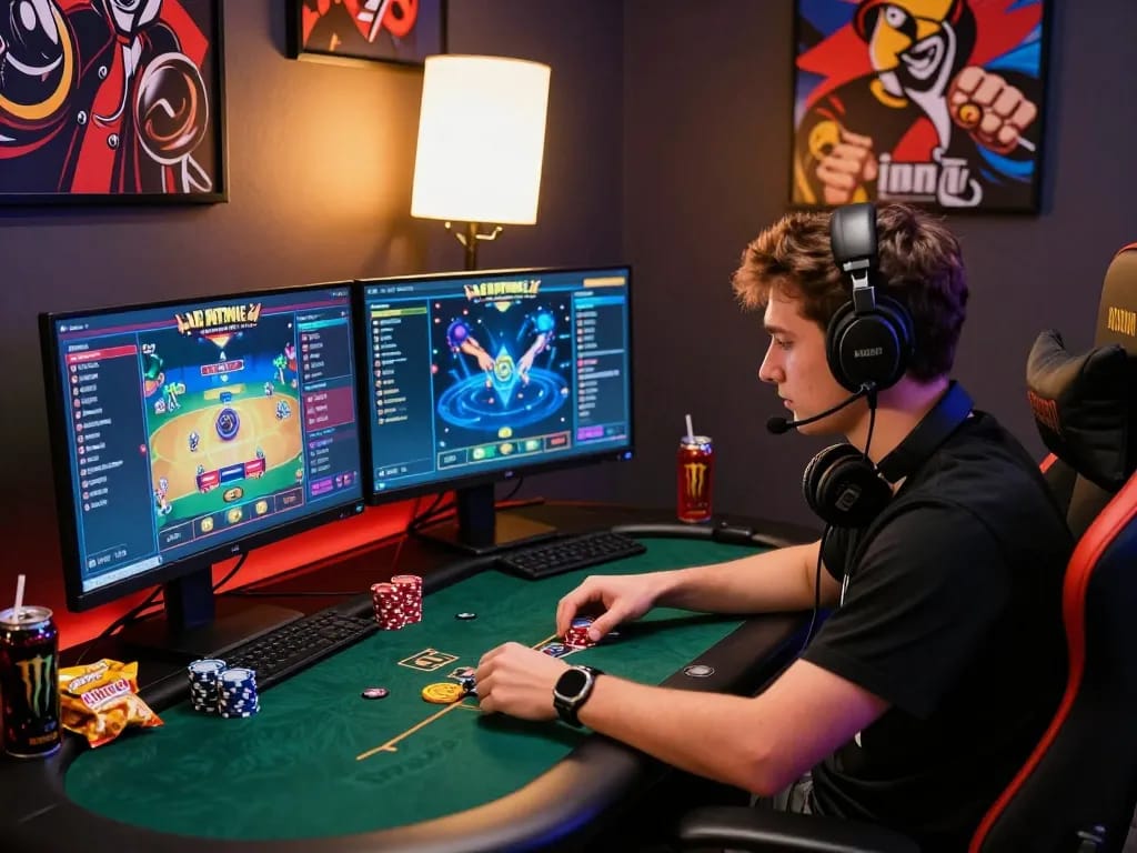 Player enjoying an exciting IDN Poker match in a vibrant gaming setup with monitors and snacks