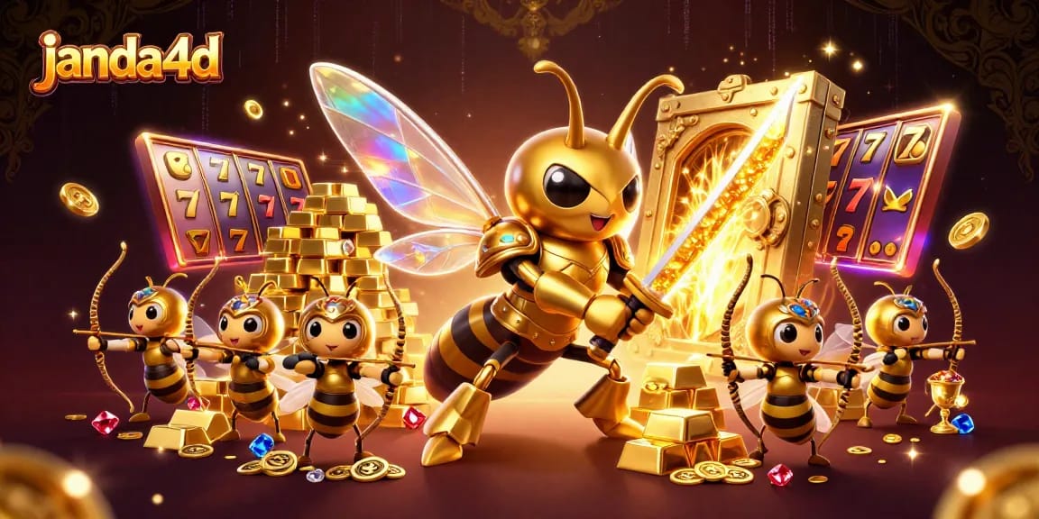 Janda4d menampilkan hornet emas raksasa dengan elemen kasino, slot, dan harta karun mengelilinginya.