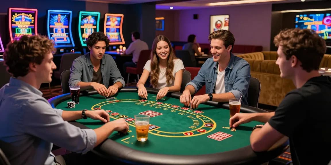 Expérience de casino en ligne avec des amis jouant à des jeux de casino, ambiance festive et interactive.
