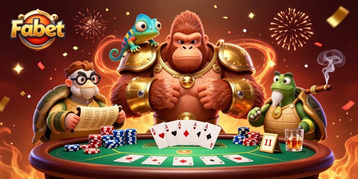 Join Fabet's thrilling poker session with a powerful gorilla king and wise tortoise elder!