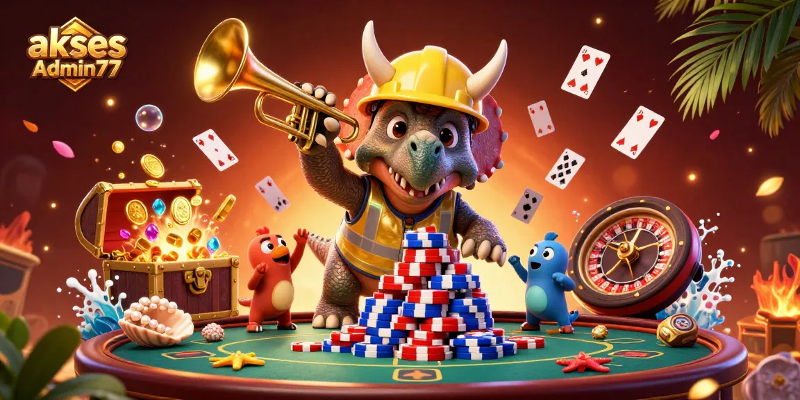 Spin and win with akses Admin77 as vibrant cartoon dinosaurs celebrate in a thrilling casino scene.