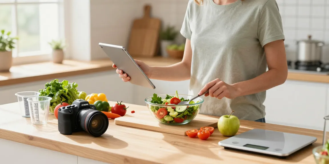 Tracking meals on the tablet using the best food tracker while preparing a fresh salad in a bright kitchen.