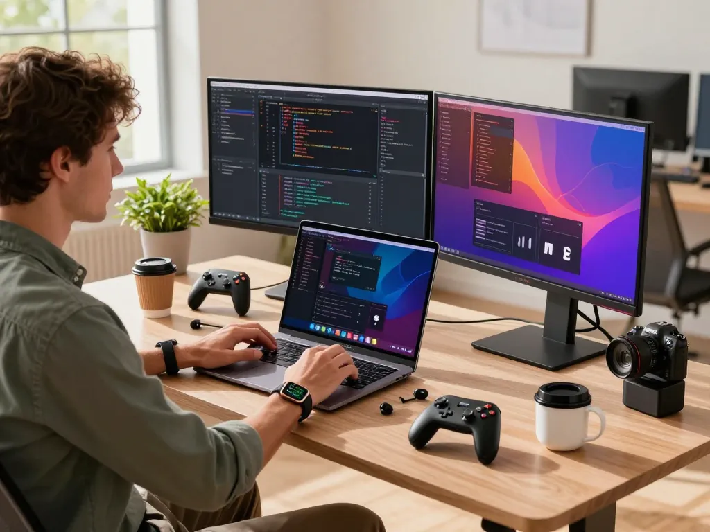 Exploring trending tech gadgets in a modern workspace with Bluetooth devices and vibrant coding.