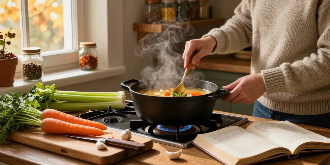 Leckere Klare Suppe, die in einer rustikalen Küche mit frischen Zutaten im Herbst zubereitet wird.