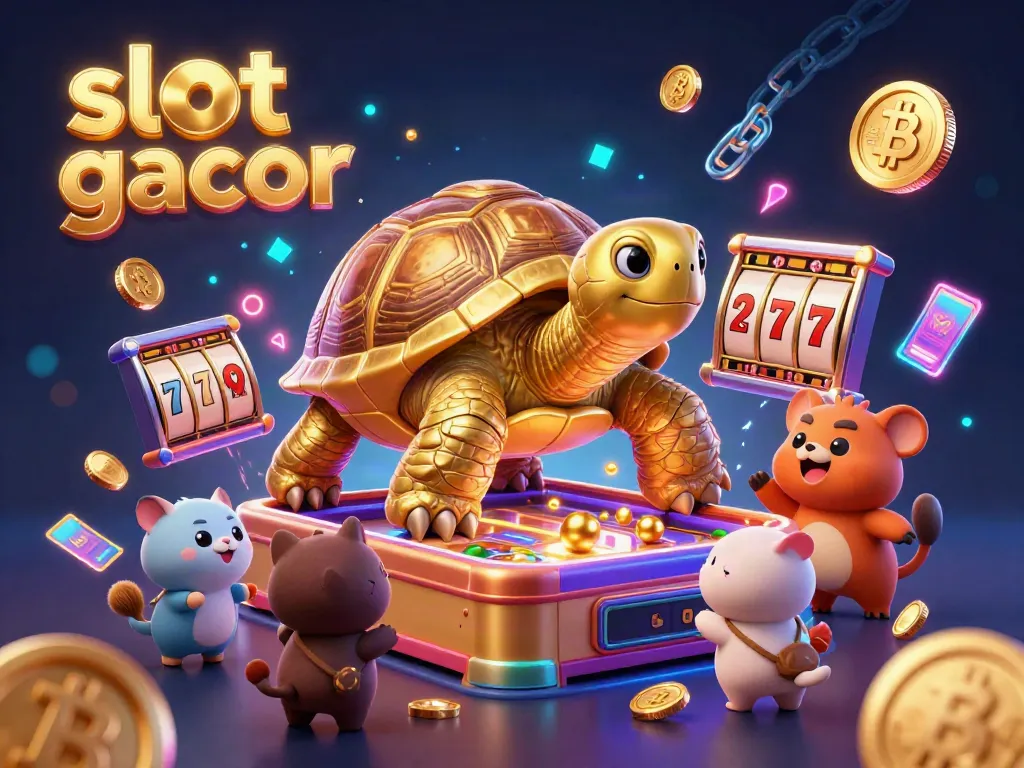 Experience the excitement of slot gacor with a golden tortoise pinball machine surrounded by vibrant casino and crypto elements.
