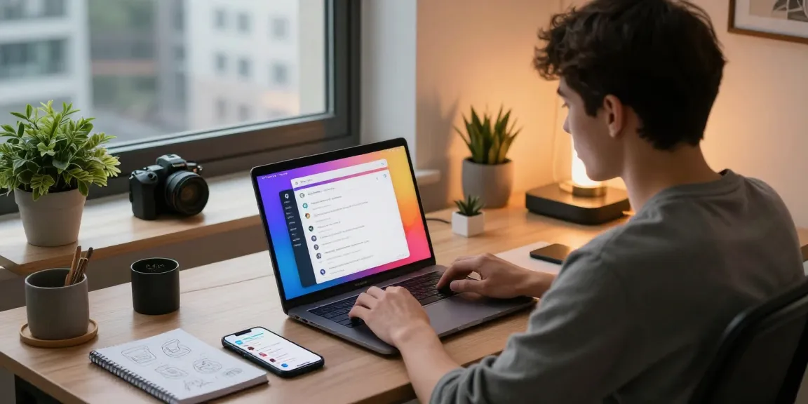 Professional using Telegram Web Version on laptop in a contemporary workspace with vibrant screens and cityscape view.