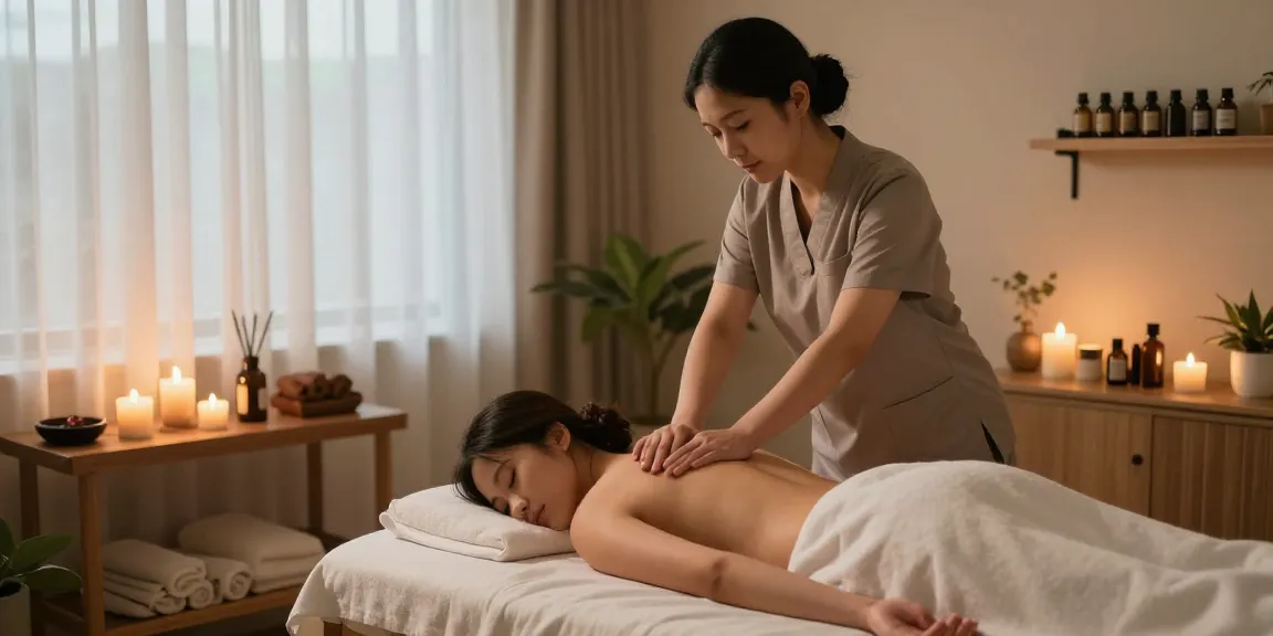 마사지 테라피 룸에서 스웨디시 마사지를 받고 있는 고객과 편안한 분위기