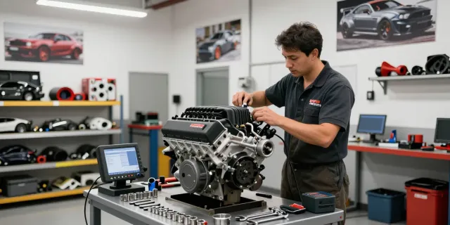 Hellcat motor for sale depicted in a busy automotive workshop, showcasing a mechanic working on a supercharged engine.