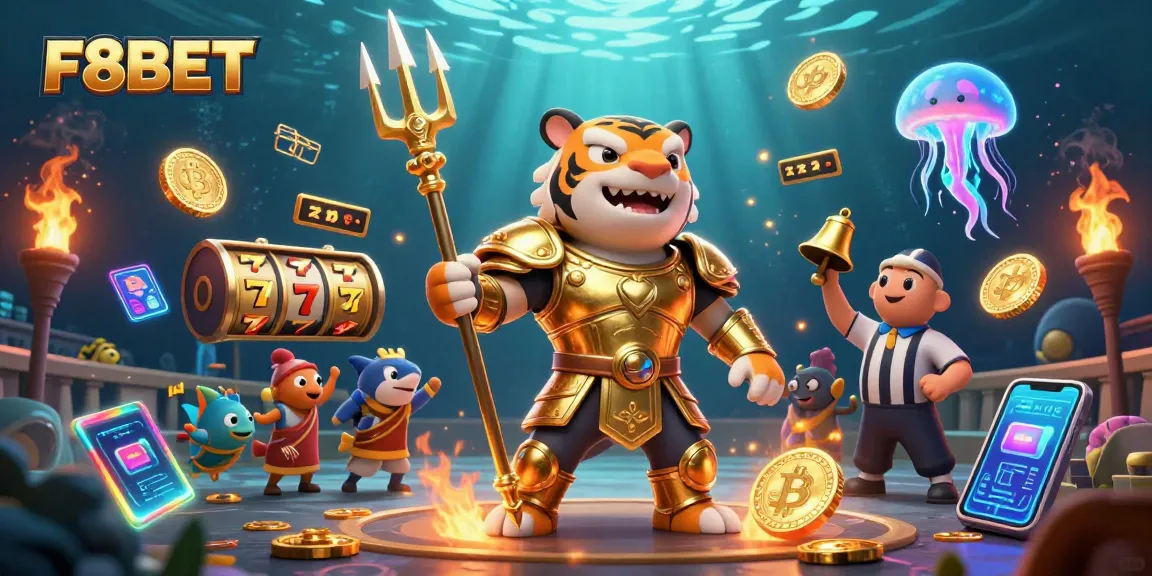 Engage with F8BET's slot games in a vibrant underwater casino scene featuring exciting characters.