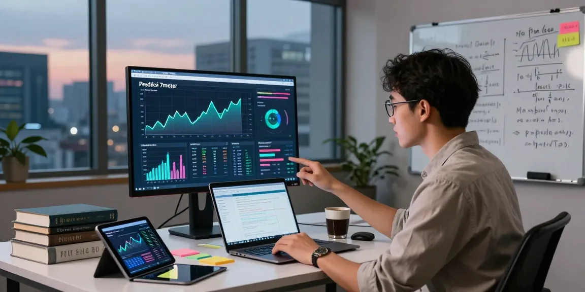 Data scientist analyzing Prediksi 7meter trends in a modern analytics office with charts and predictions.