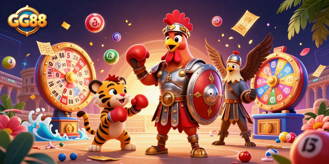 Engage in thrilling gameplay at GG88 with a vibrant 3D casino scene depicting exciting lottery elements.