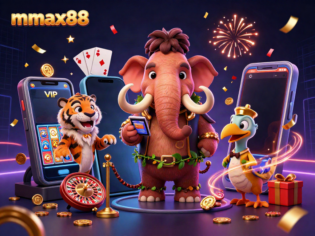 Immerse in a vibrant mmax88 casino scene with fantastical characters and dynamic game elements.