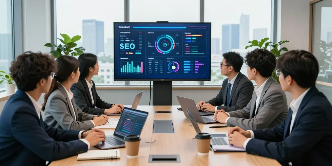 Collaboration in a modern SEO agency meeting showcasing data analysis and teamwork.
