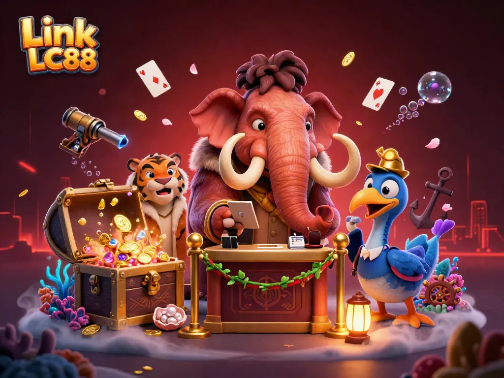 Experience the vibrant energy of Link LC88 with a 3D casino scene featuring iconic characters and gaming elements.