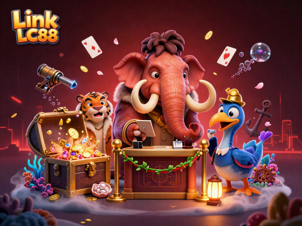 Experience the vibrant energy of Link LC88 with a 3D casino scene featuring iconic characters and gaming elements.