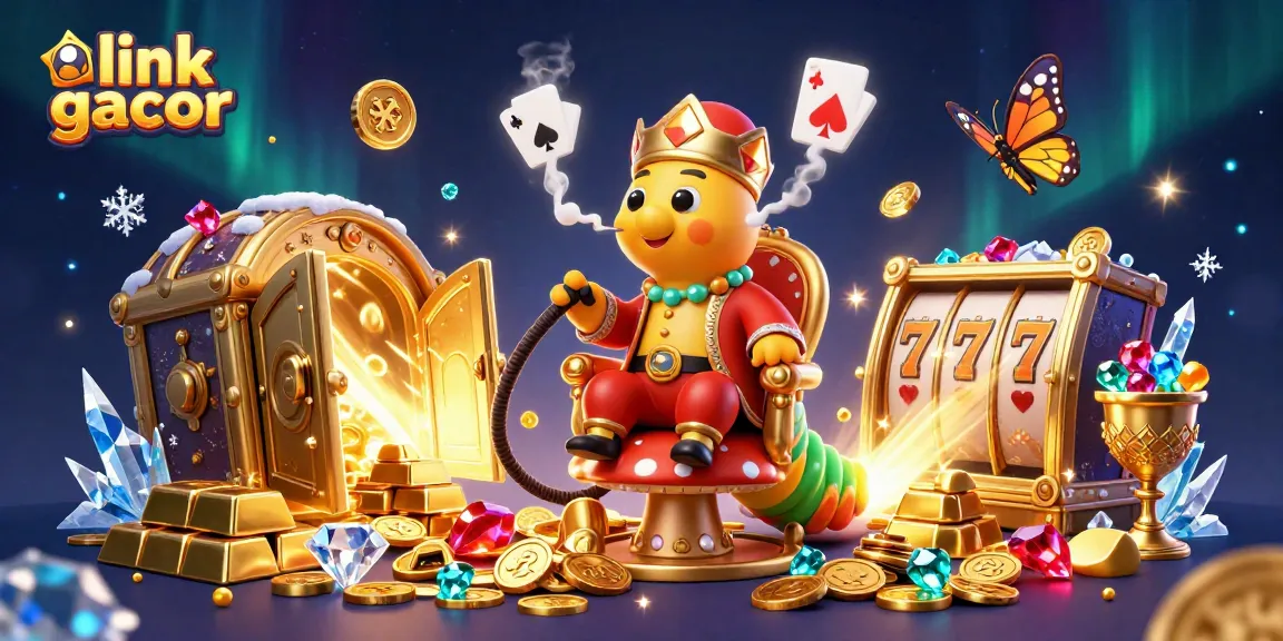 Engage with link gacor as the caterpillar master creates magical poker symbols in a rich casino-themed scene.