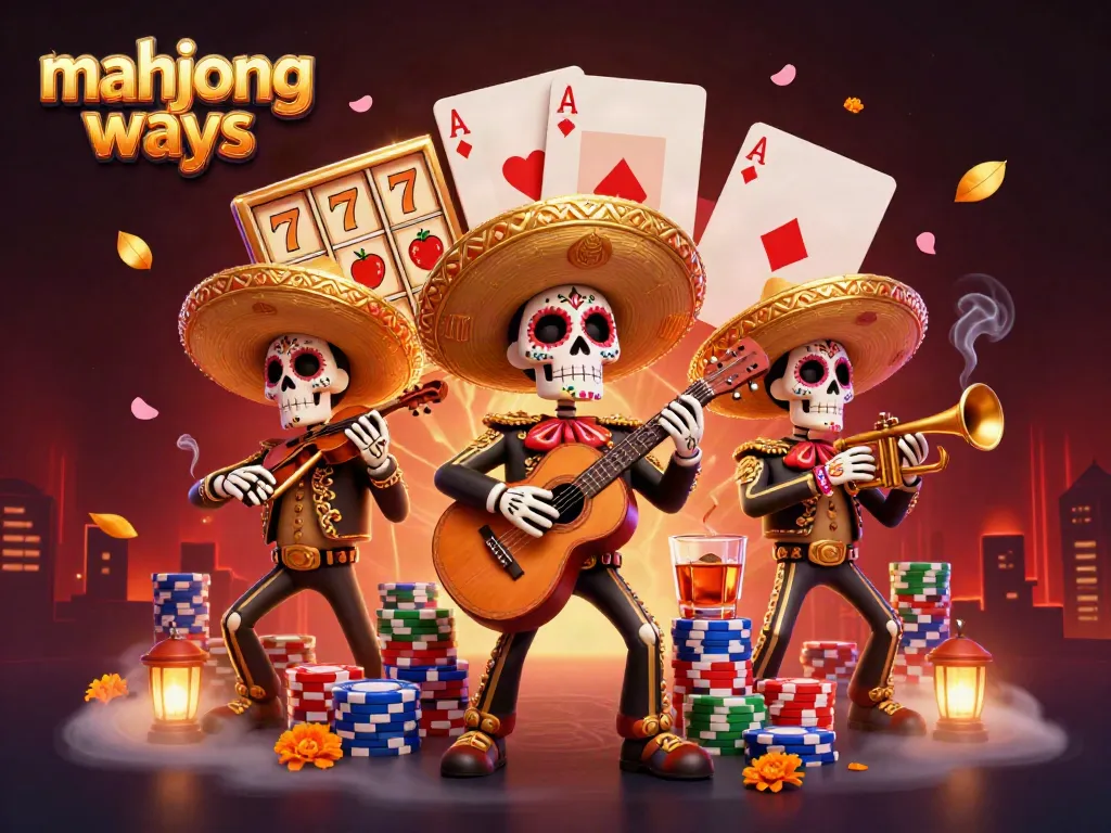 Engage in mahjong ways with vibrant cartoon mariachis, slot reels, and festive casino elements.