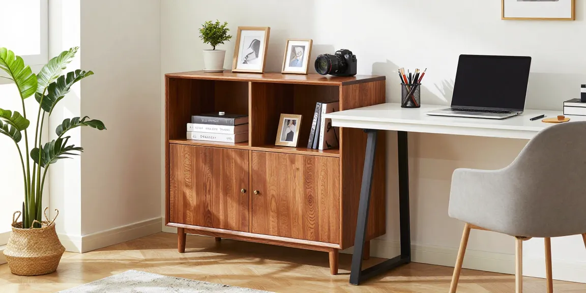 Organized home office with multifunctional storage cabinet, enhancing workspace efficiency with style.