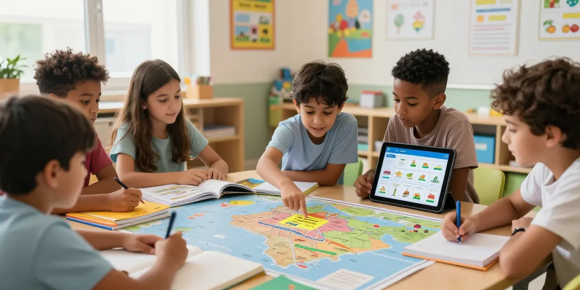 Children comparing مدارس in an interactive learning environment with a map in Saudi Arabia.