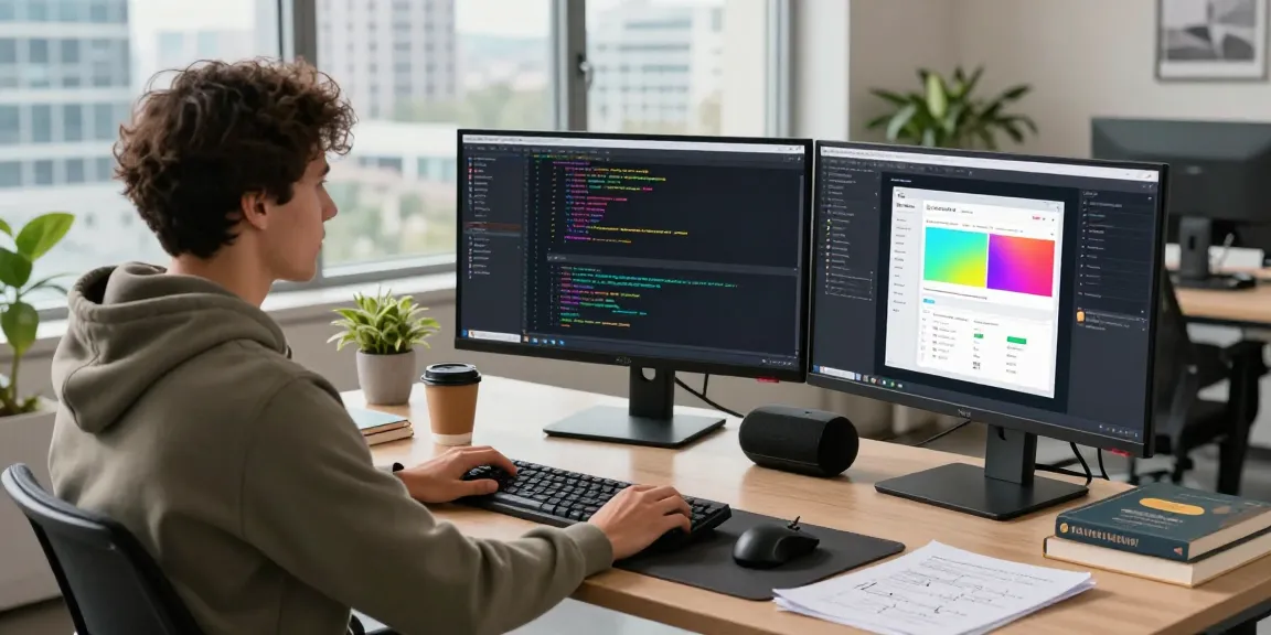 Software development workspace at telegraimin.com featuring coding monitors and creative tools
