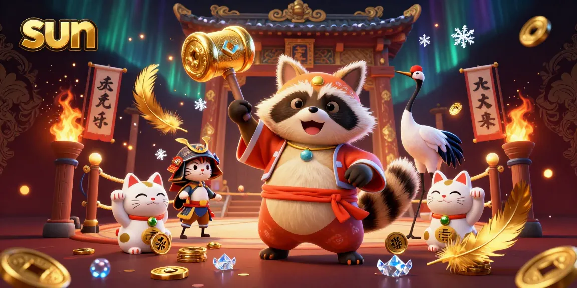 Engage with the excitement of sun-themed casino gaming featuring a joyful tanuki and colorful fortune cats.