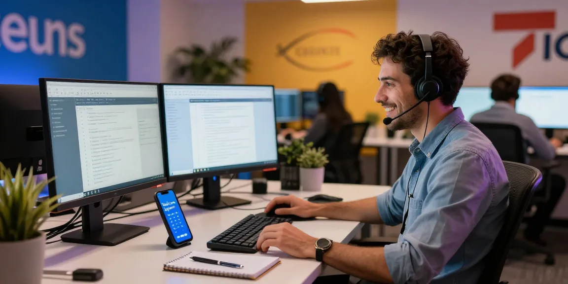 Customer service representative at desk providing Telus-Technical-Support in a modern office.