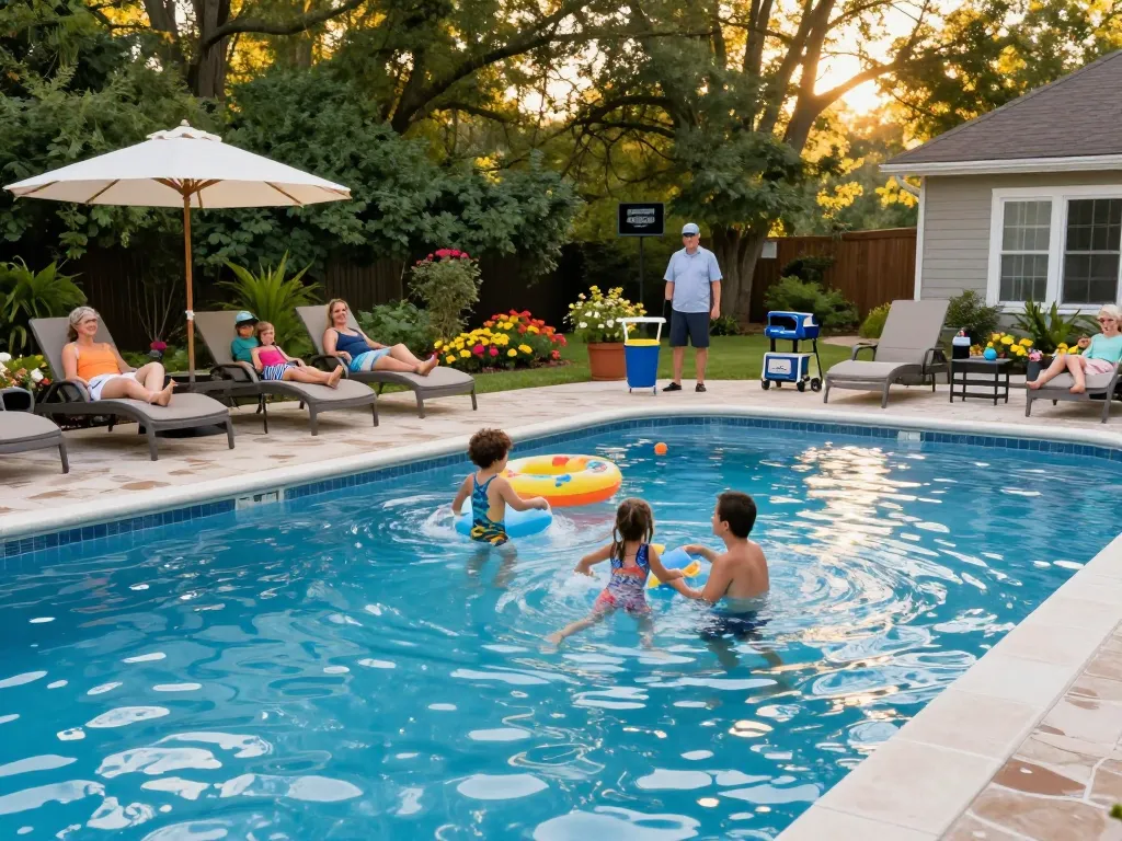 Dolphin Pool Services ensuring families enjoy their pools, featuring a vibrant backyard scene.