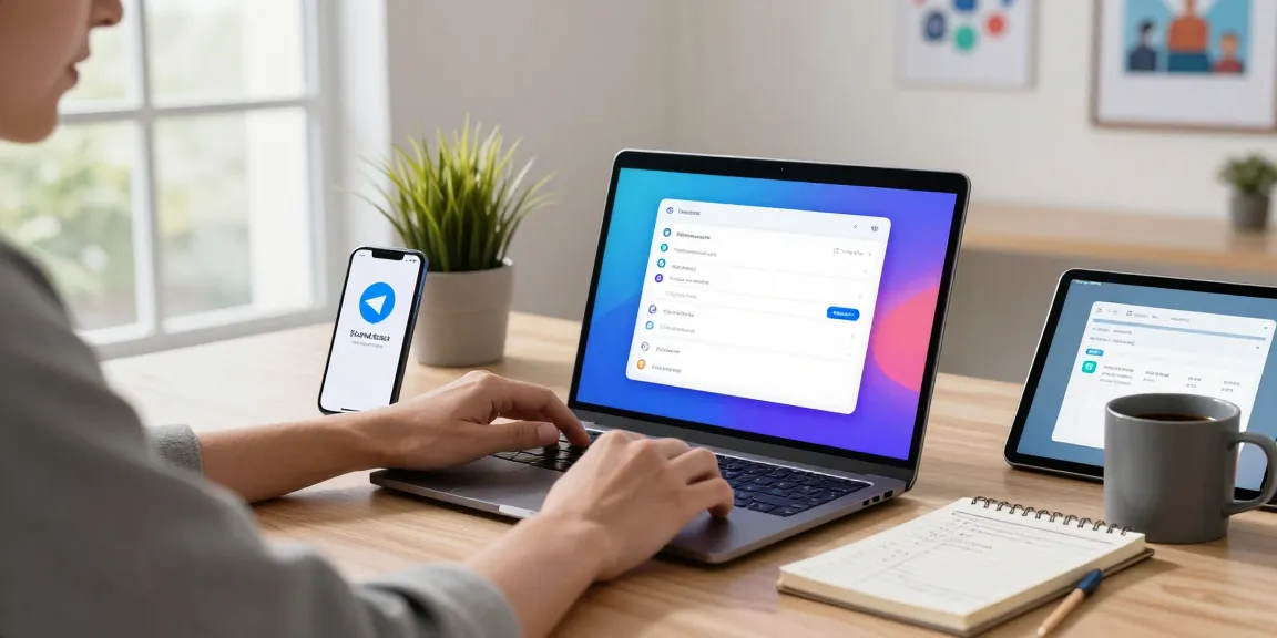 Adjusting telegram chinese settings on a laptop in a modern tech workspace.
