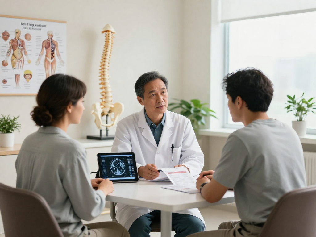 Explaining bel fıtığı ameliyatı options during a patient consultation in a modern clinic.