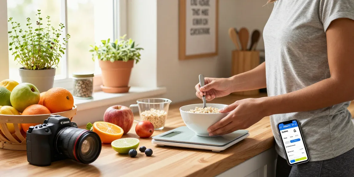 Healthy breakfast preparation highlighting the best calorie tracker app interface in a vibrant kitchen scene.