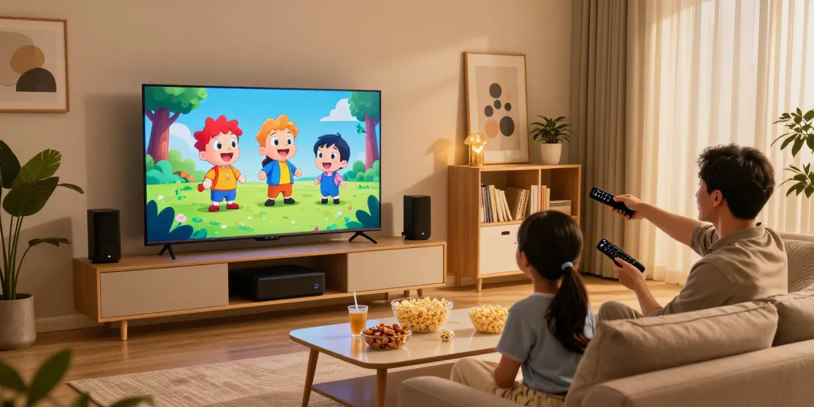 Family enjoying Blue Shark IPTV streaming on Smart TV in a cozy living room.