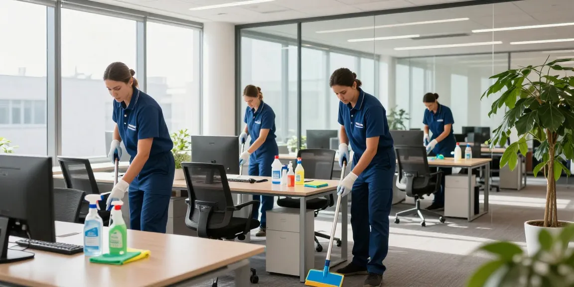 Professionelle Gebäudereinigung Düsseldorf mit Reinigungsteam bei der Arbeit in einem modernen Büro.