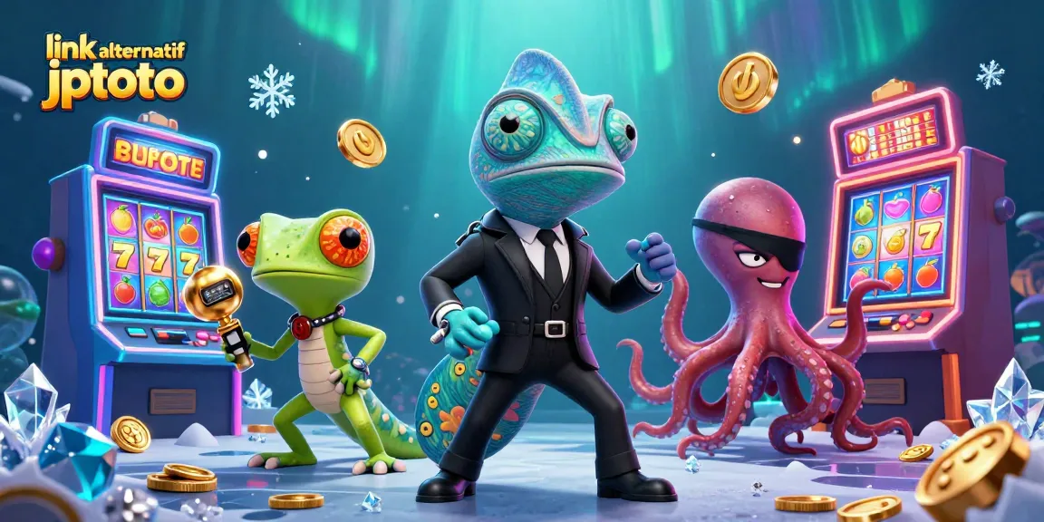 Memenangkan hadiah besar di link alternatif jptoto dengan simbol mesin slot berwarna-warni dan karakter unik.