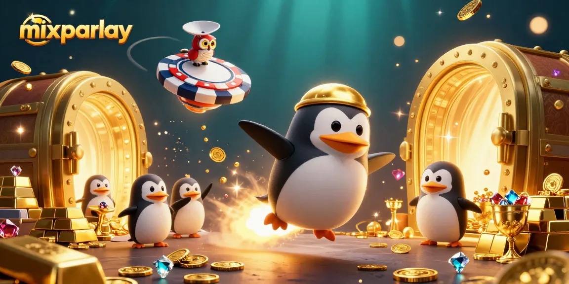 Engage in mix parlay betting with a golden penguin and riches in an exciting 3D scene.