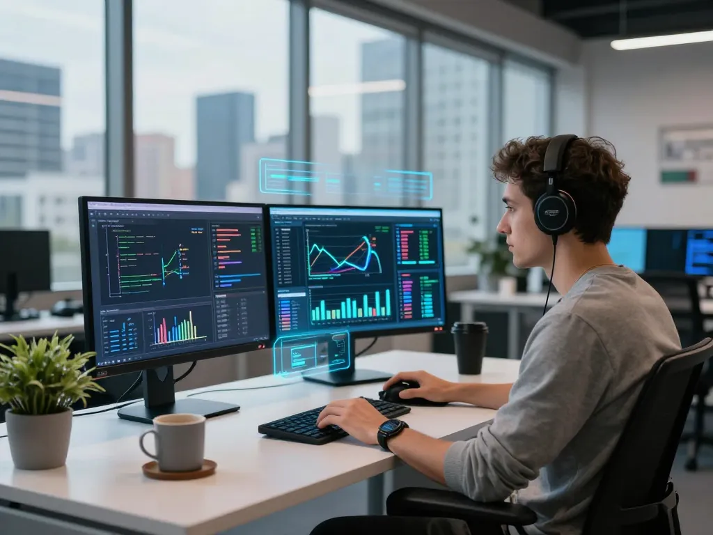 Developer analyzing AI crypto mining data at a modern workspace with dual screens and a city view.
