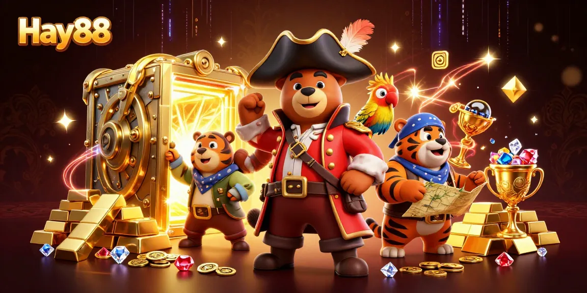Join the excitement at Hay88 with a vibrant scene of treasures and characters, enhancing the casino experience.