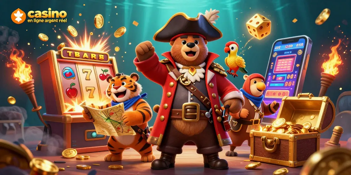Découvrez l'univers du casino en ligne argent réel avec un ours pirate et ses compagnons festifs.