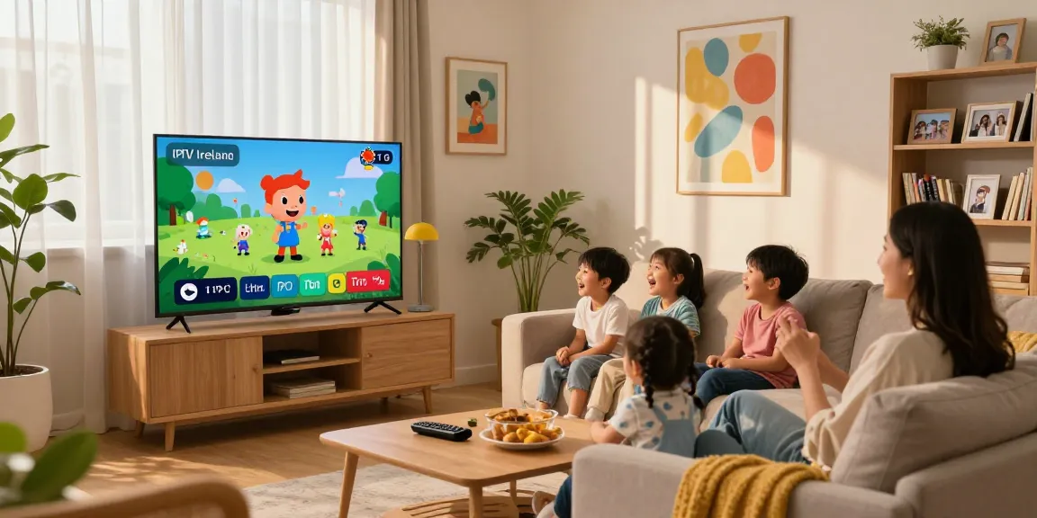 Family enjoying IPTV Ireland streaming service in a cozy living room
