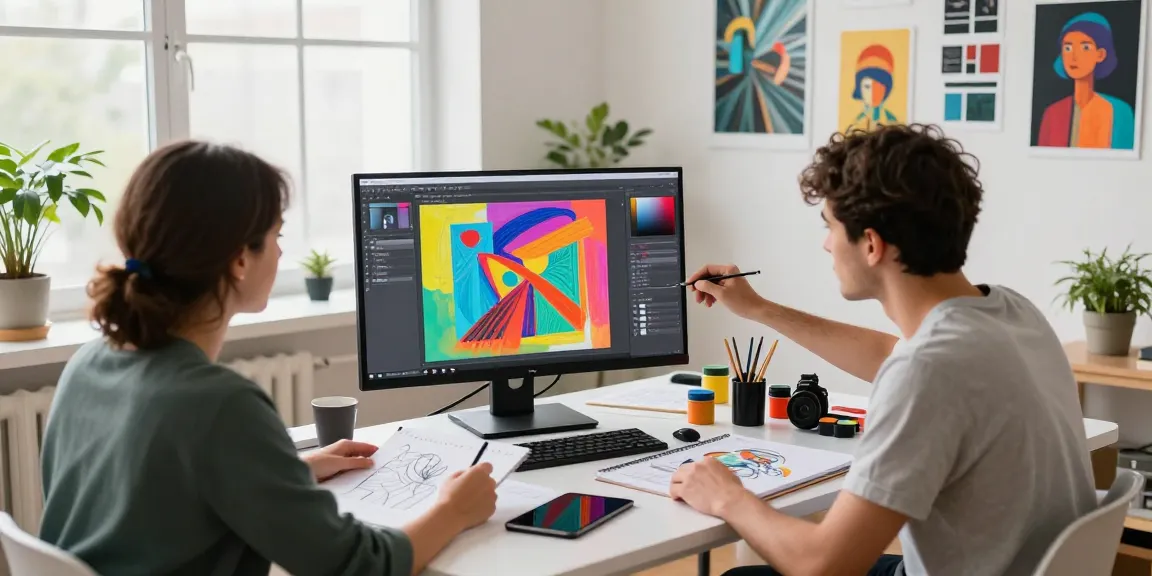 Digital artists collaborating with Nano Banana 2 in a bright studio, showcasing vibrant AI-generated artwork and creative tools.