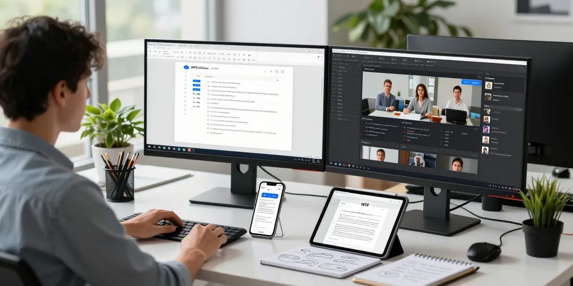 使用 WPS Office 下载进行云文档协同办公,现代工作环境展示多个设备的无缝协作和编辑。