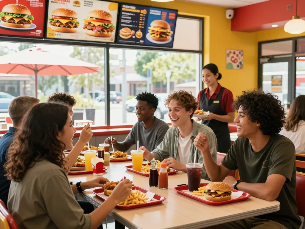 Fast food menu displayed in a vibrant restaurant as friends enjoy their lunch together.