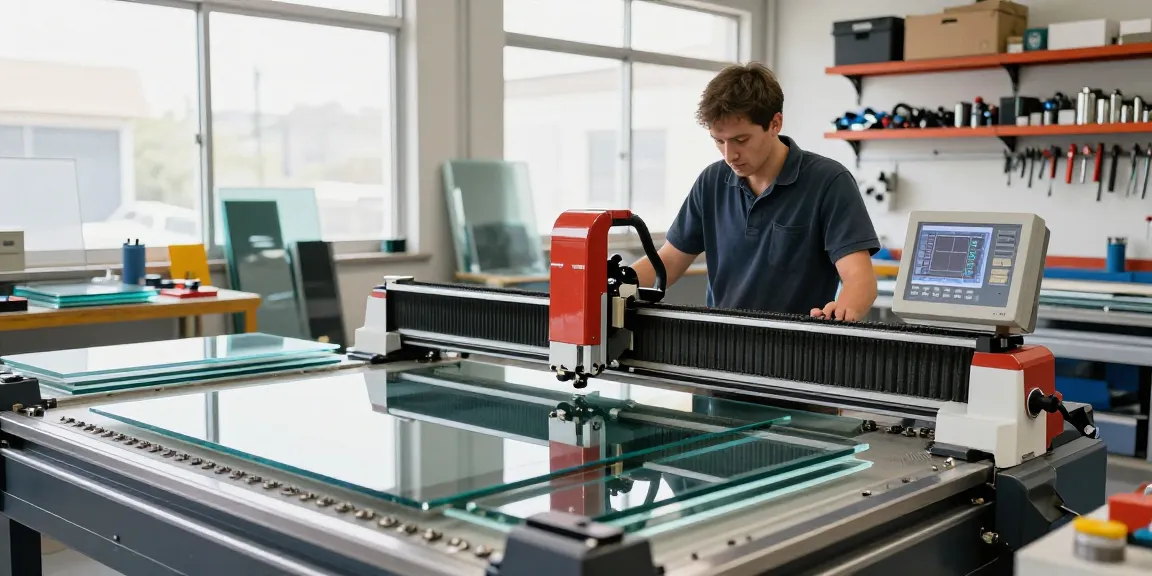 A technician using a CNC glass cutting table in a modern workshop, showcasing advanced glass processing technology.